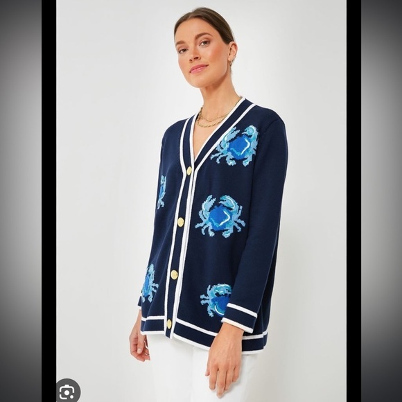 NWT Tuckernuck Navy Crab Cotton Lauren Cardigan - Picture 1 of 4